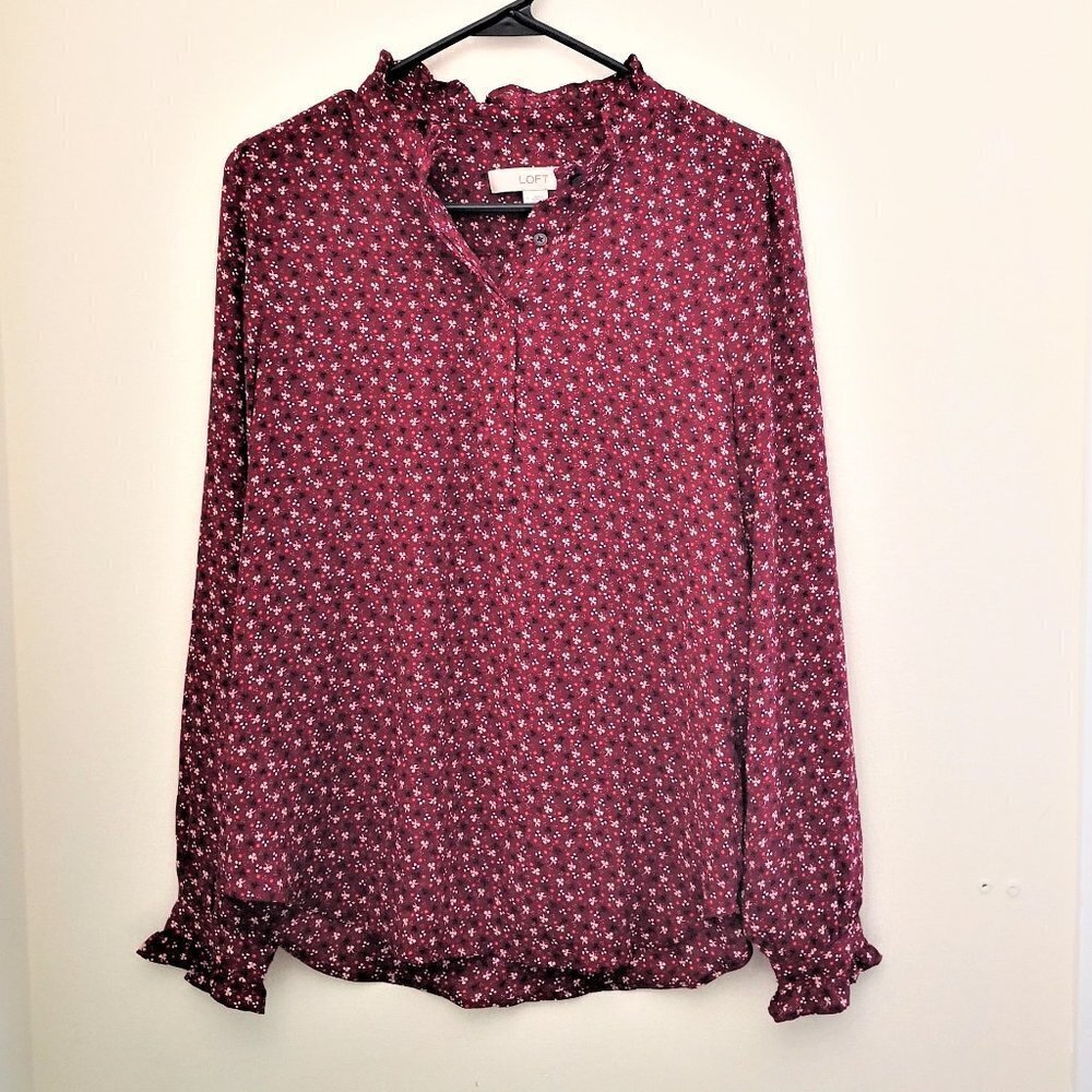 LOFT Red Floral Print Blouse With Ruffled Neck And Sleeve Size S